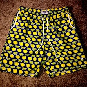 Beach Bros Swimsuit Mens Size XL Lemon Lime Summer Beach Blue Swim Trunks Shorts